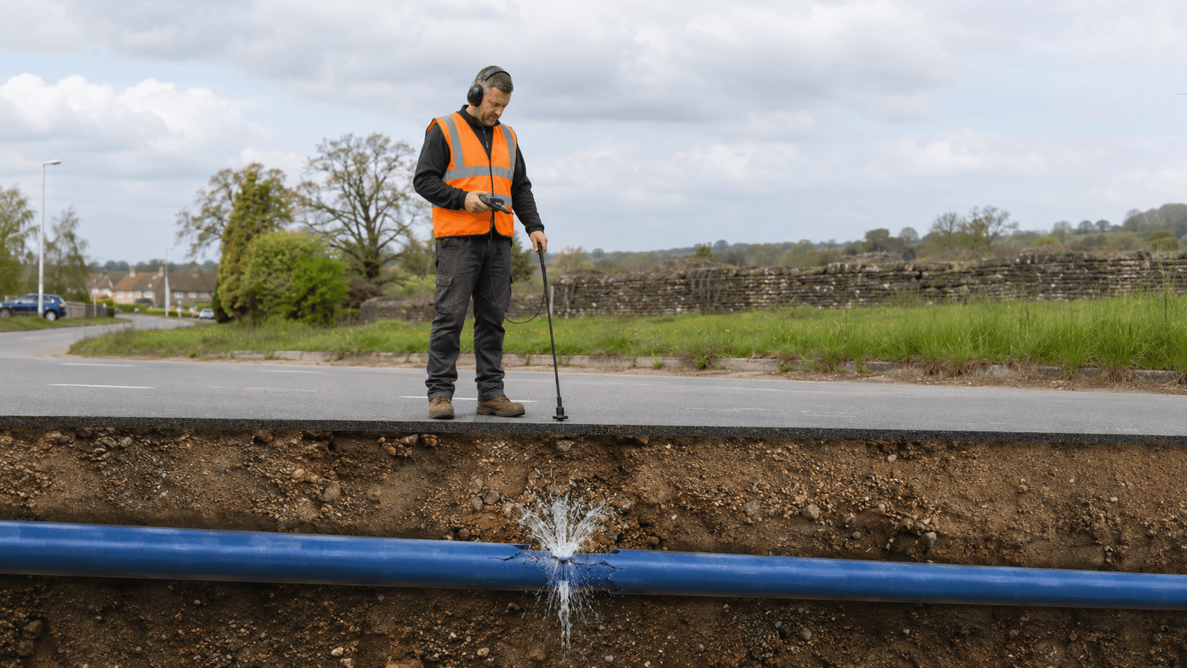 Leak detection technician using a ground probe above a leaking underground water pipe